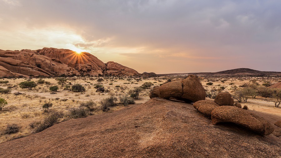 Beautiful sunset in the savanna in Namibia.