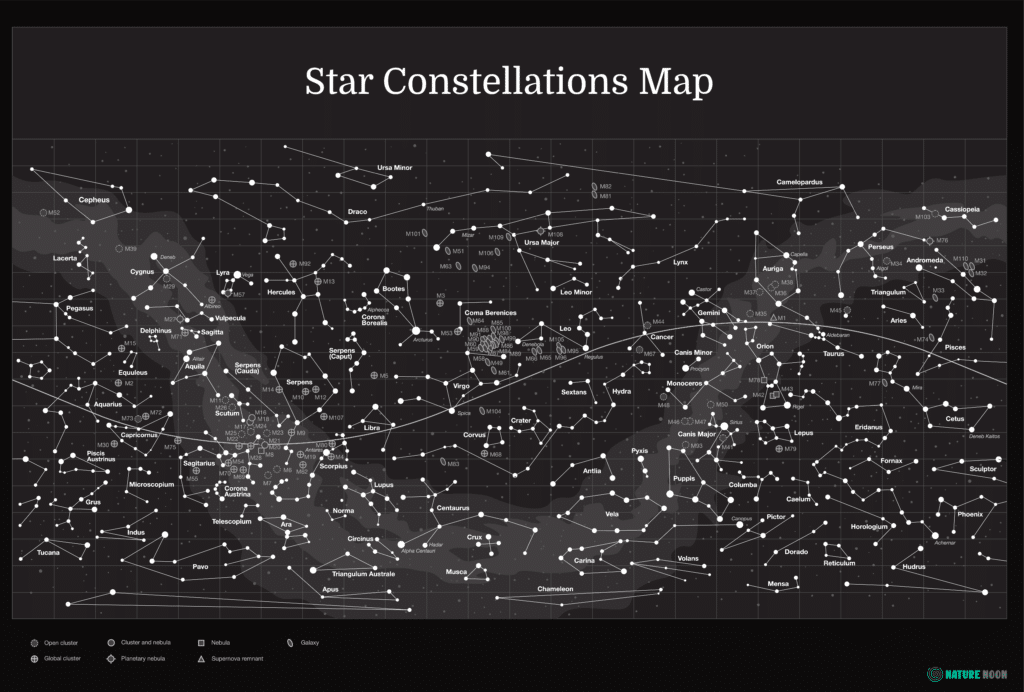 Equatorial star constellations map with all 88 star constellations.