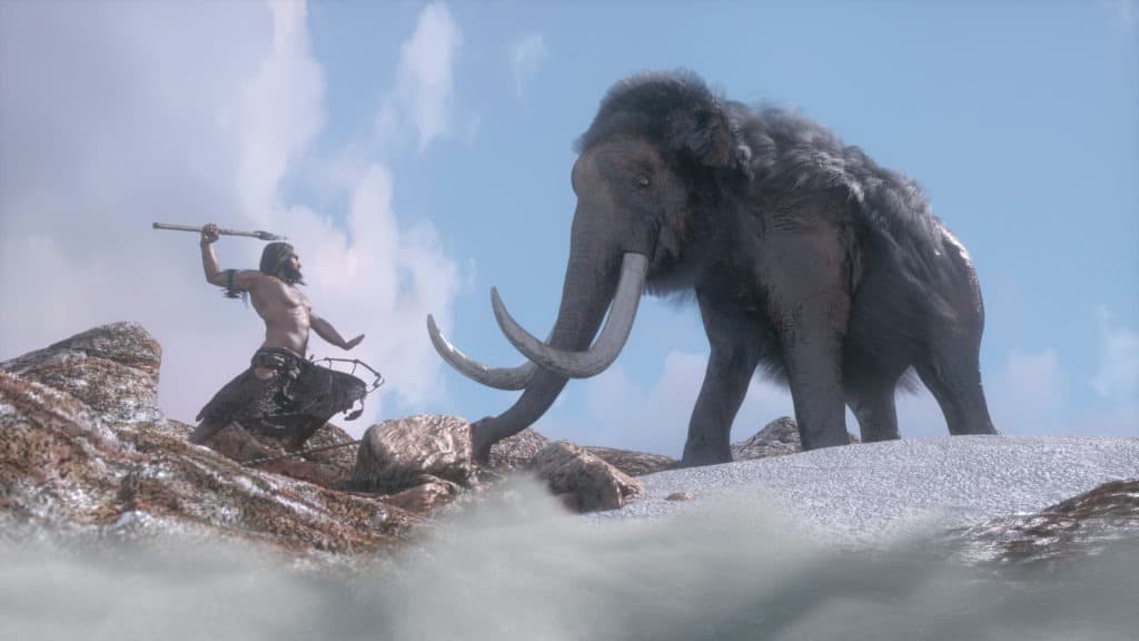 Ancient primitive caveman hunts a mammoth, 3D render.